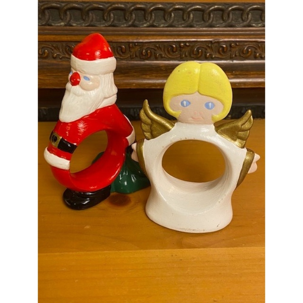 Vintage Hand Painted Ceramic Christmas Napkin Rings Santa Claus and Angel Set 2